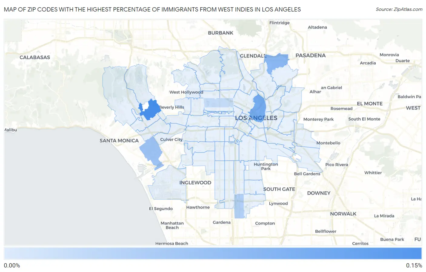 Zip Codes with the Highest Percentage of Immigrants from West Indies in Los Angeles Map