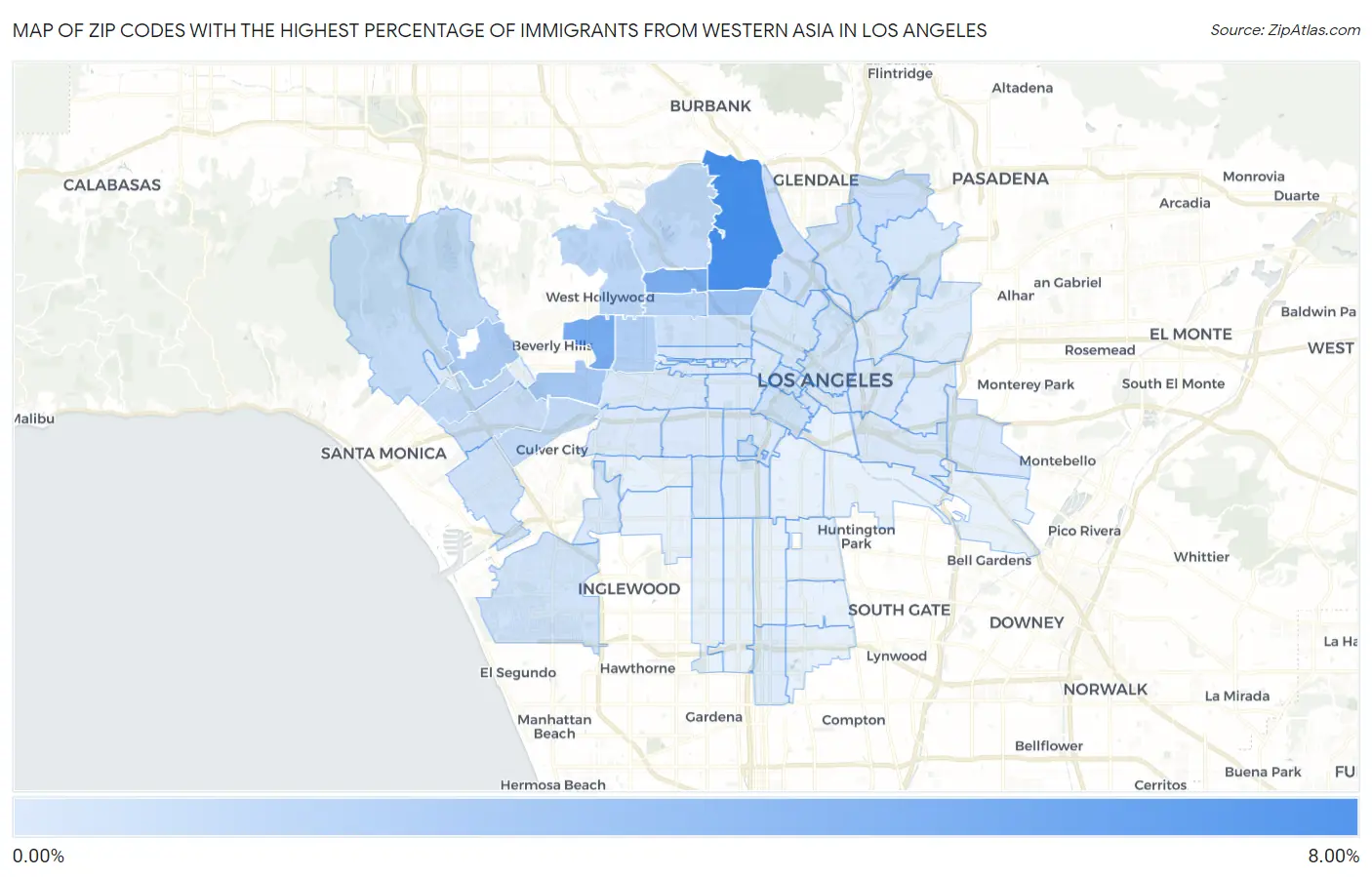 Zip Codes with the Highest Percentage of Immigrants from Western Asia in Los Angeles Map
