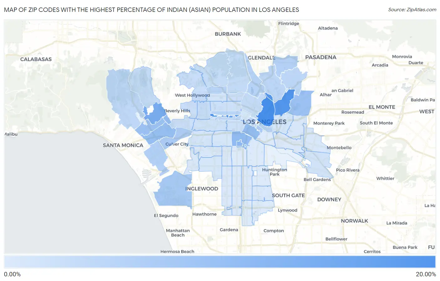 Zip Codes with the Highest Percentage of Indian (Asian) Population in Los Angeles Map