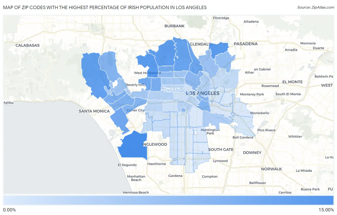 Zip Codes with the Highest Percentage of Irish Population in Los Angeles Map
