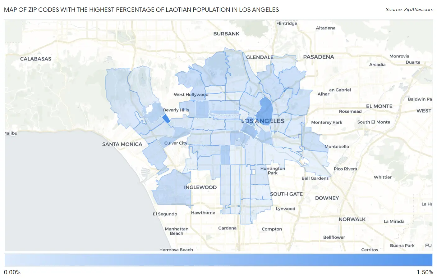 Zip Codes with the Highest Percentage of Laotian Population in Los Angeles Map