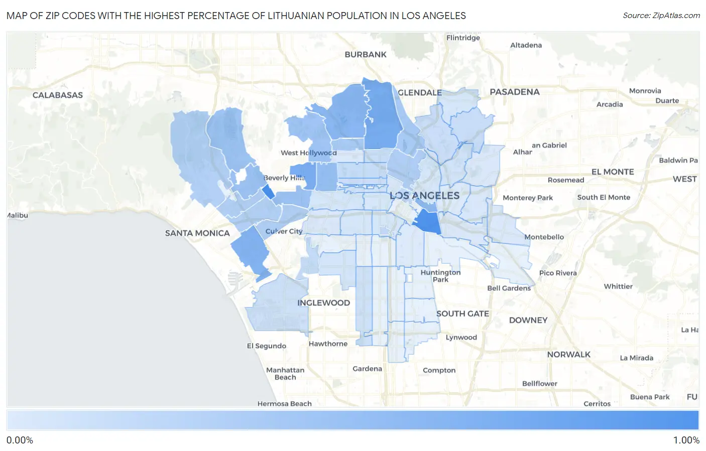 Zip Codes with the Highest Percentage of Lithuanian Population in Los Angeles Map