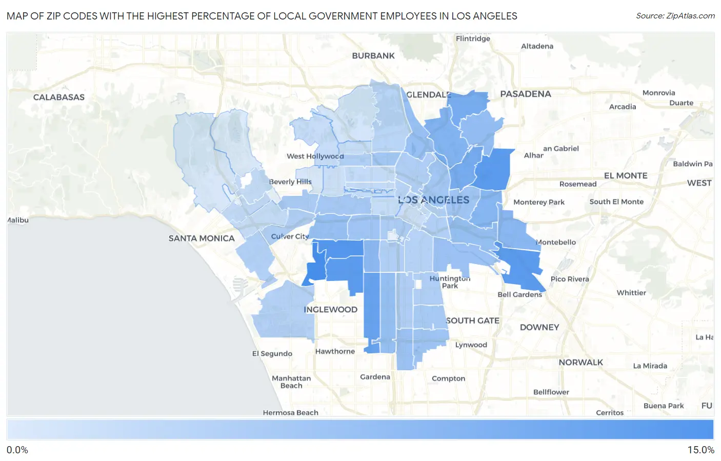 Zip Codes with the Highest Percentage of Local Government Employees in Los Angeles Map