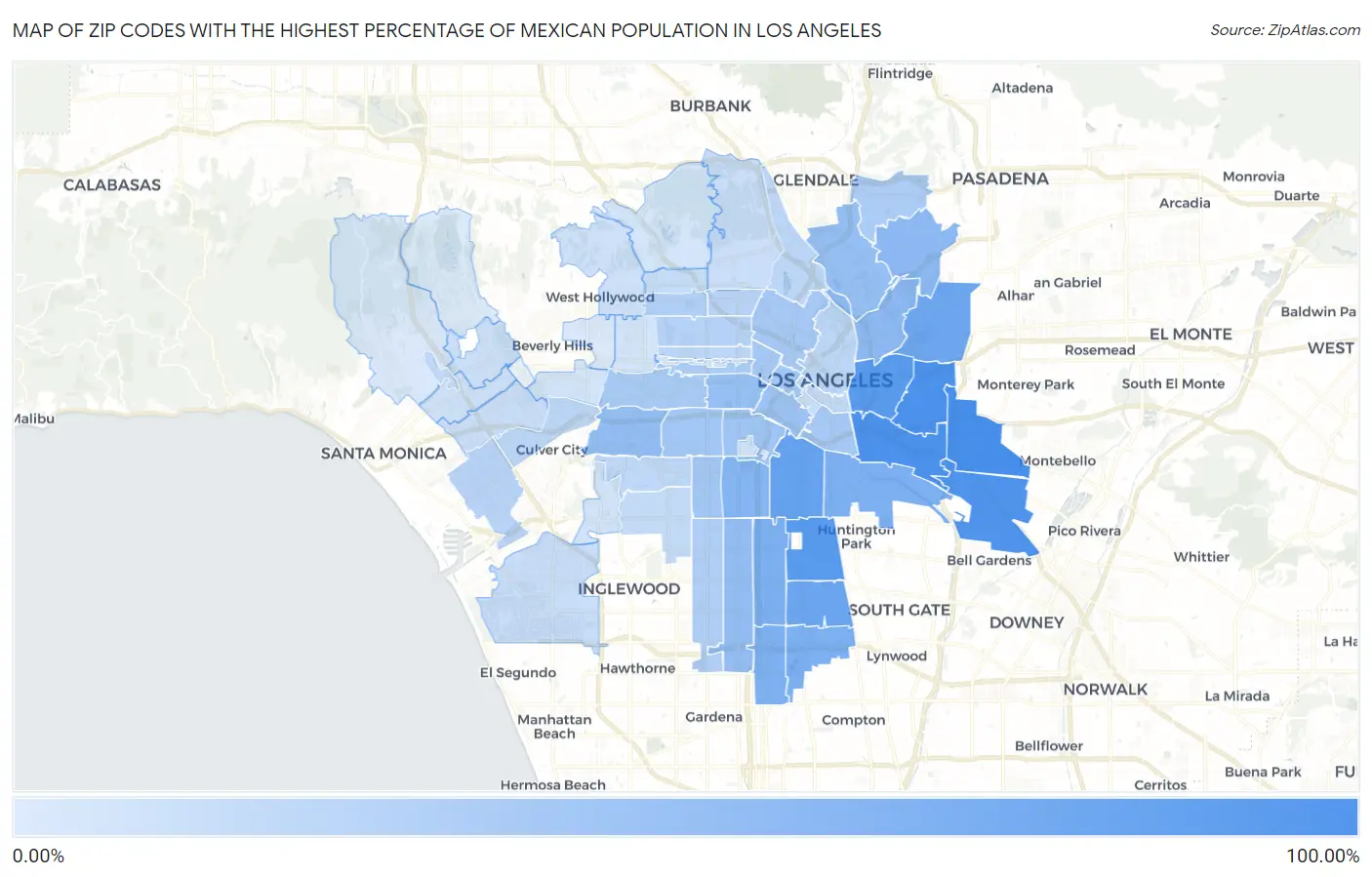 Zip Codes with the Highest Percentage of Mexican Population in Los Angeles Map