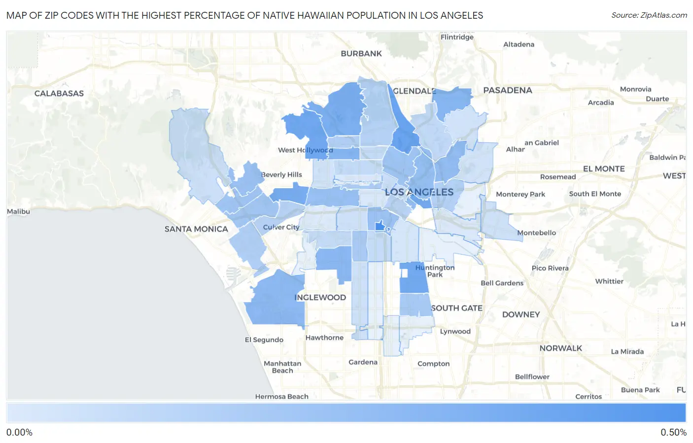 Zip Codes with the Highest Percentage of Native Hawaiian Population in Los Angeles Map