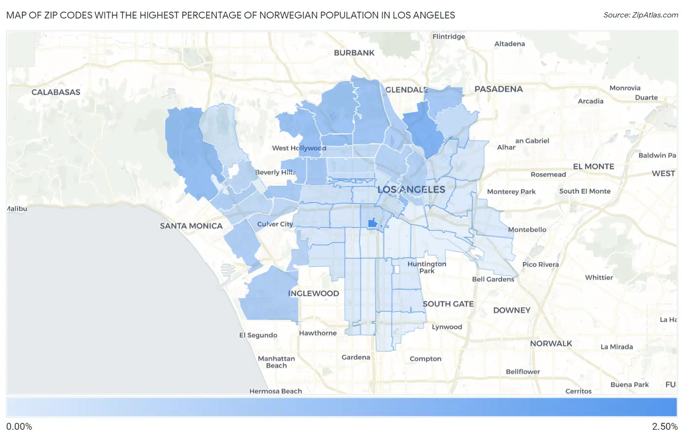 Zip Codes with the Highest Percentage of Norwegian Population in Los Angeles Map