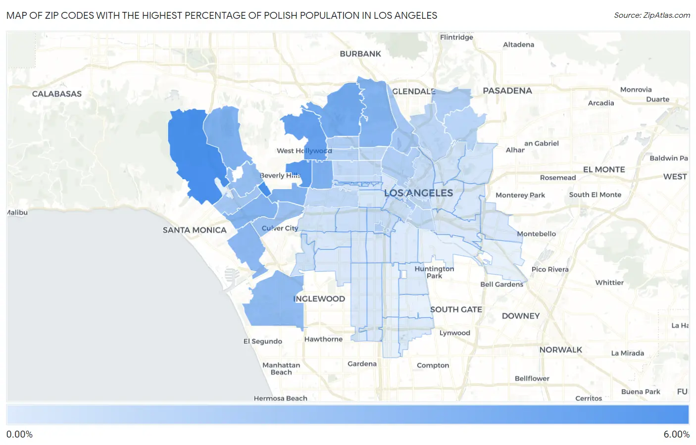 Zip Codes with the Highest Percentage of Polish Population in Los Angeles Map