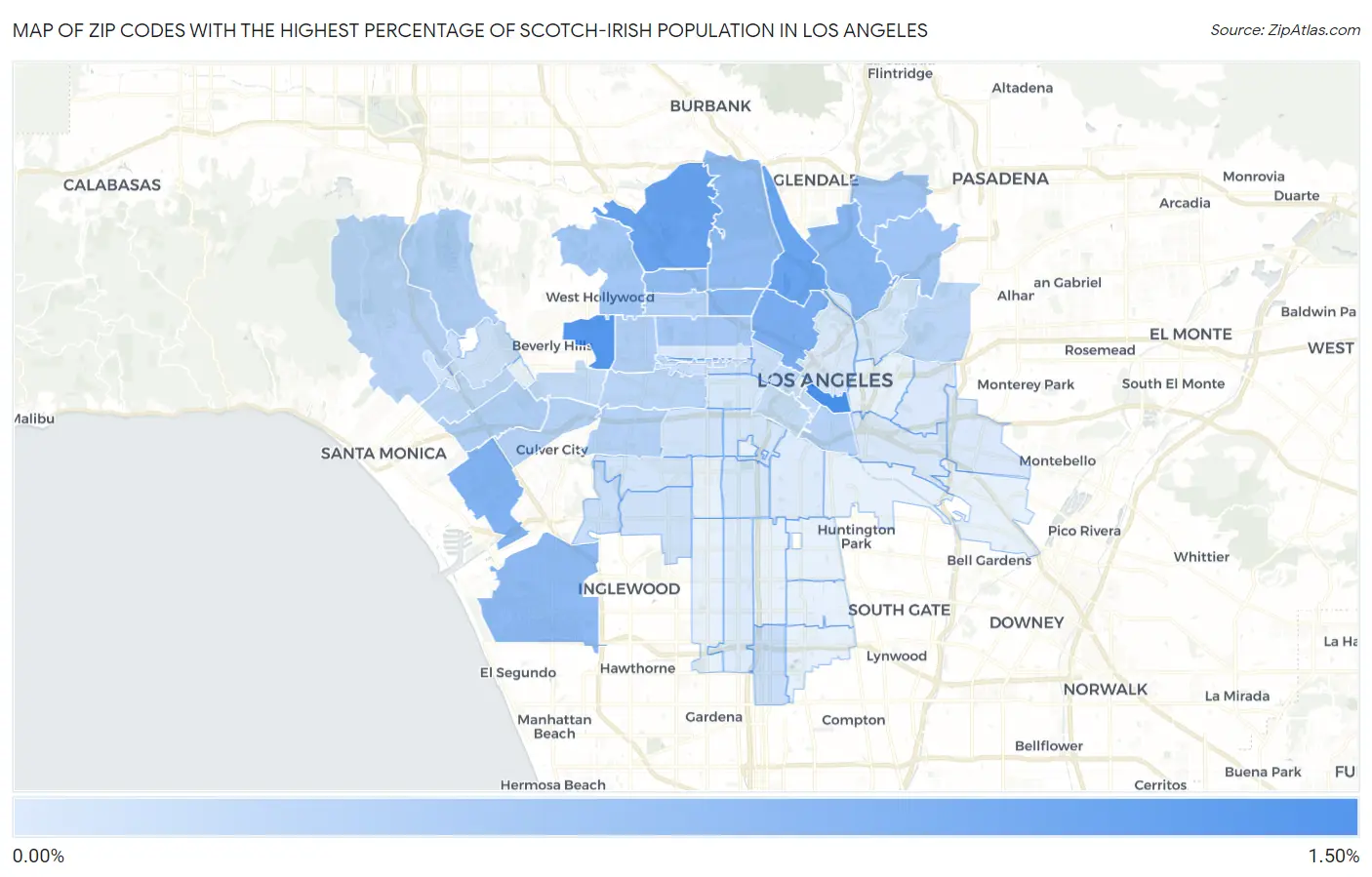 Zip Codes with the Highest Percentage of Scotch-Irish Population in Los Angeles Map