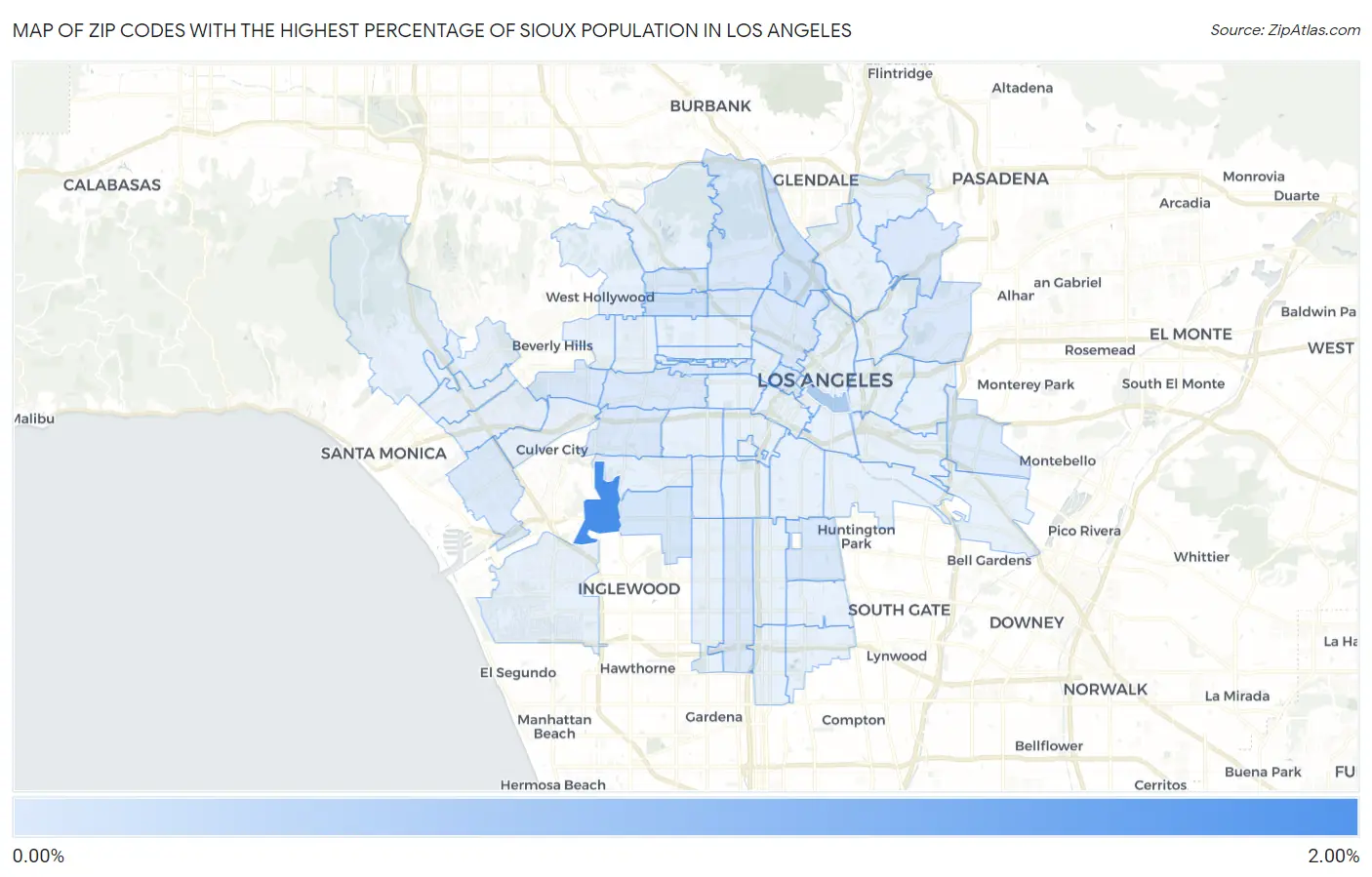 Zip Codes with the Highest Percentage of Sioux Population in Los Angeles Map