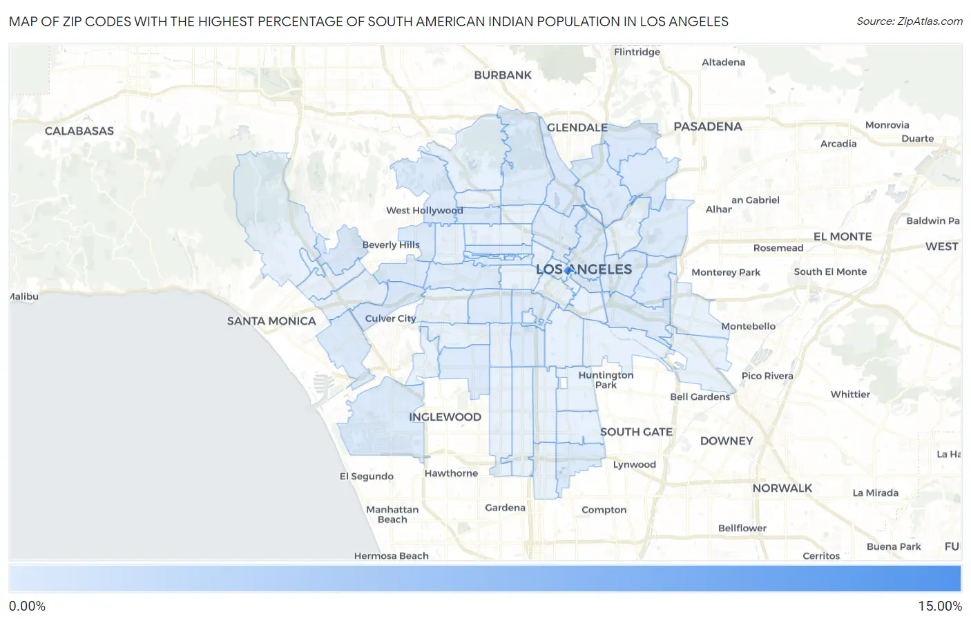 Zip Codes with the Highest Percentage of South American Indian Population in Los Angeles Map