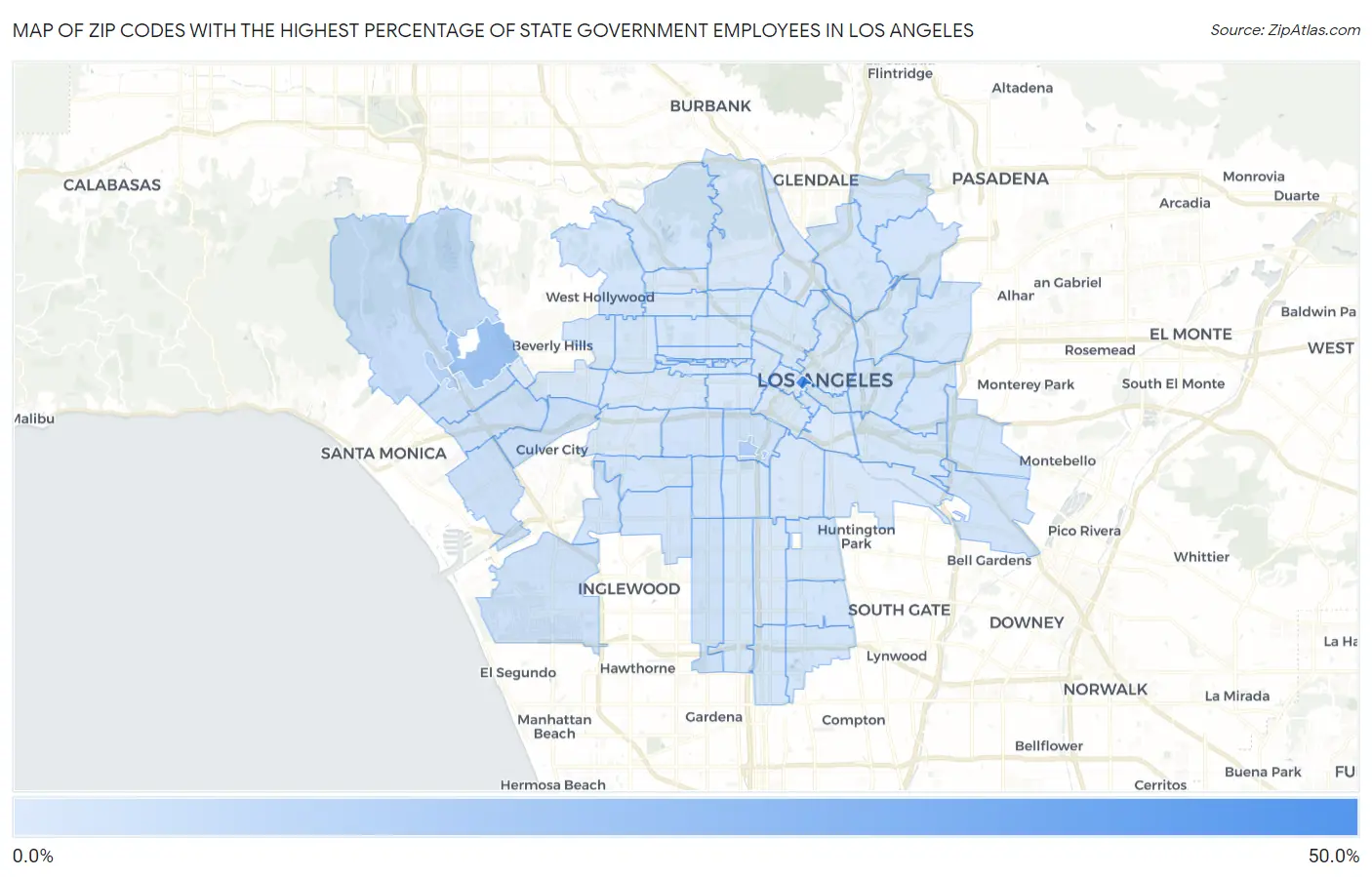 Zip Codes with the Highest Percentage of State Government Employees in Los Angeles Map
