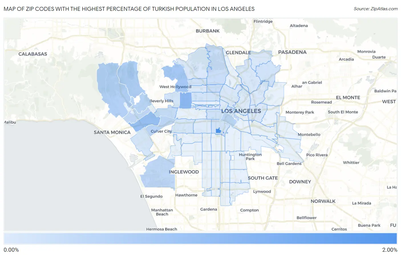 Zip Codes with the Highest Percentage of Turkish Population in Los Angeles Map