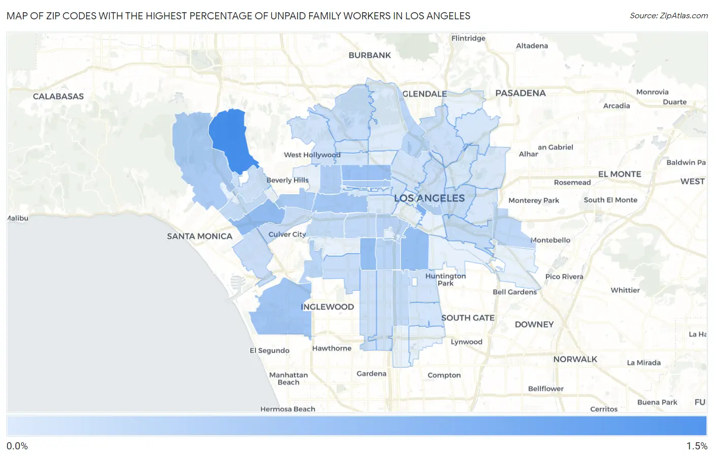 Zip Codes with the Highest Percentage of Unpaid Family Workers in Los Angeles Map