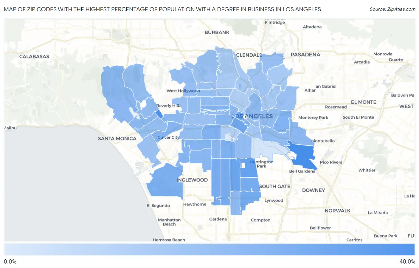 Zip Codes with the Highest Percentage of Population with a Degree in Business in Los Angeles Map