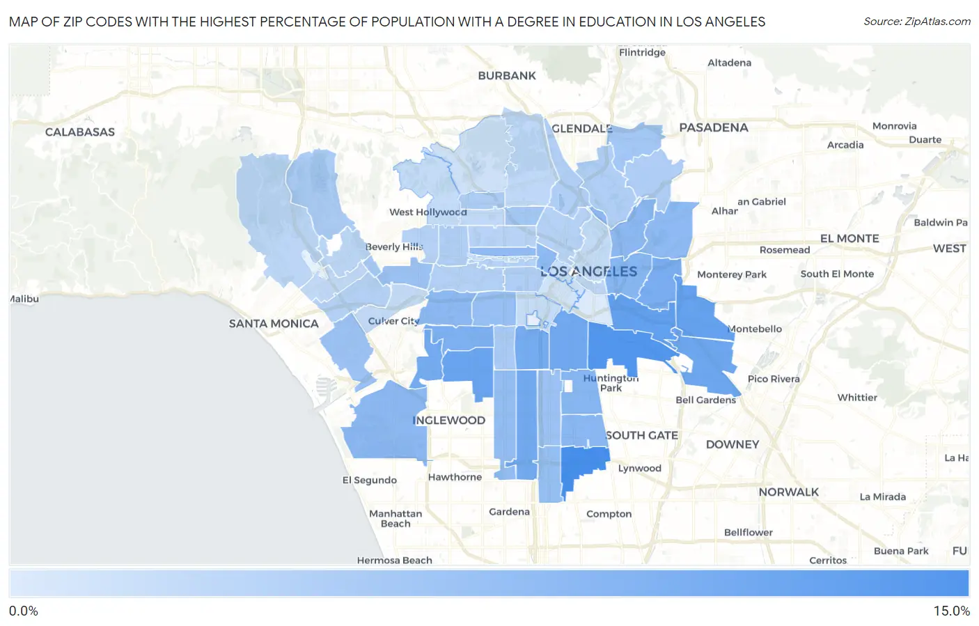 Zip Codes with the Highest Percentage of Population with a Degree in Education in Los Angeles Map