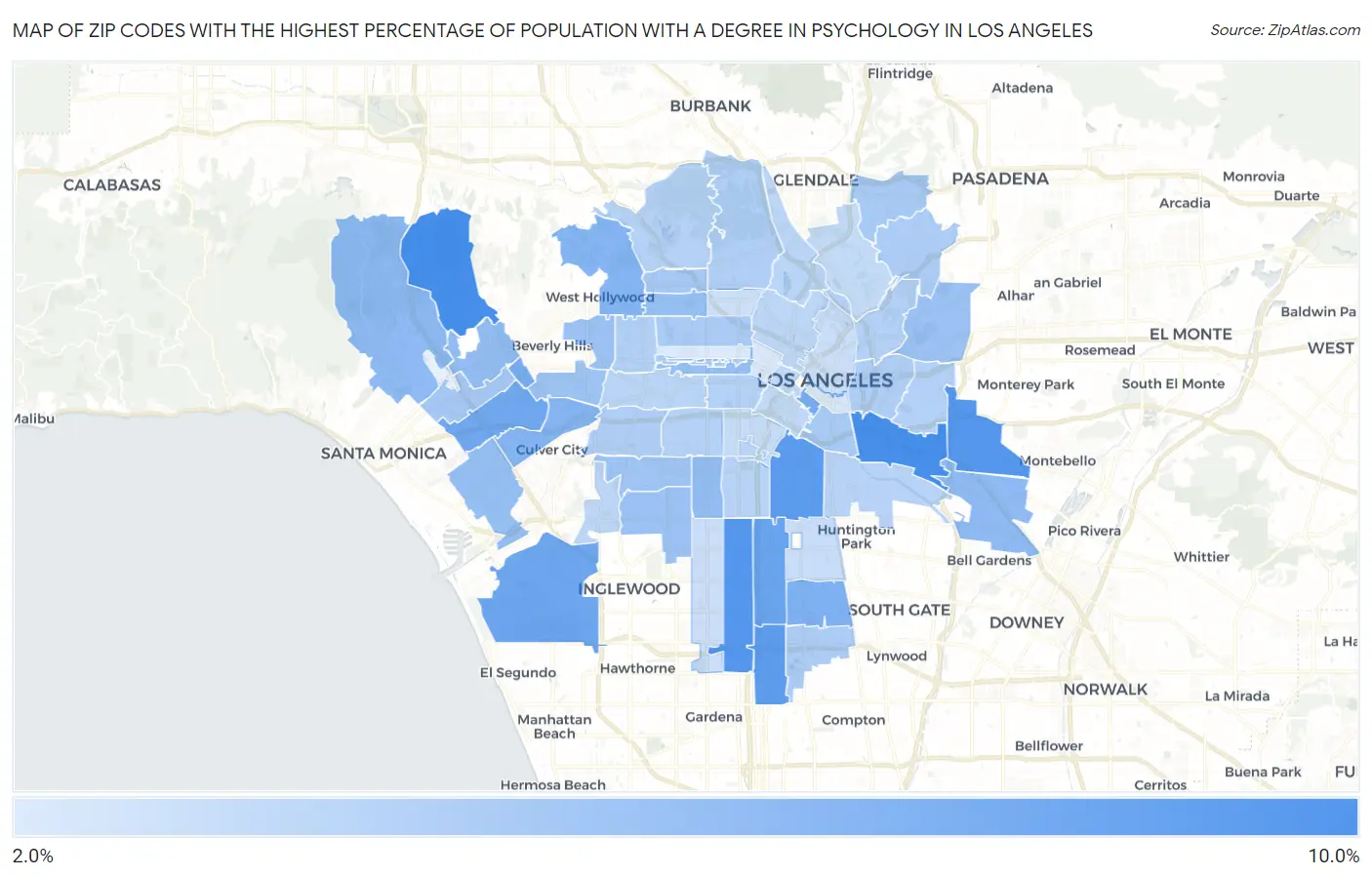 Zip Codes with the Highest Percentage of Population with a Degree in Psychology in Los Angeles Map