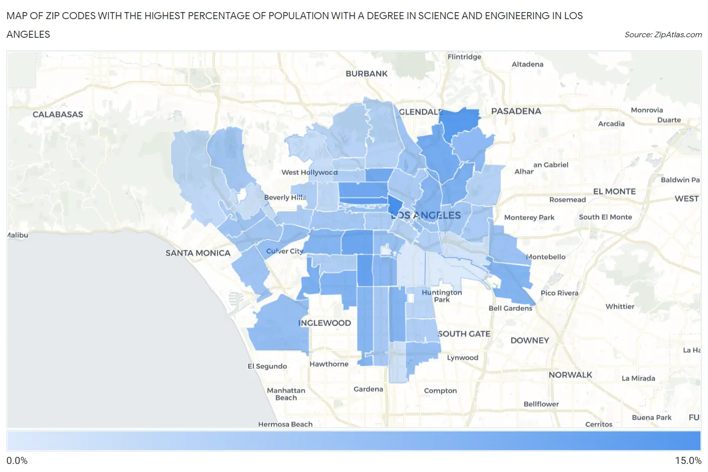Zip Codes with the Highest Percentage of Population with a Degree in Science and Engineering in Los Angeles Map