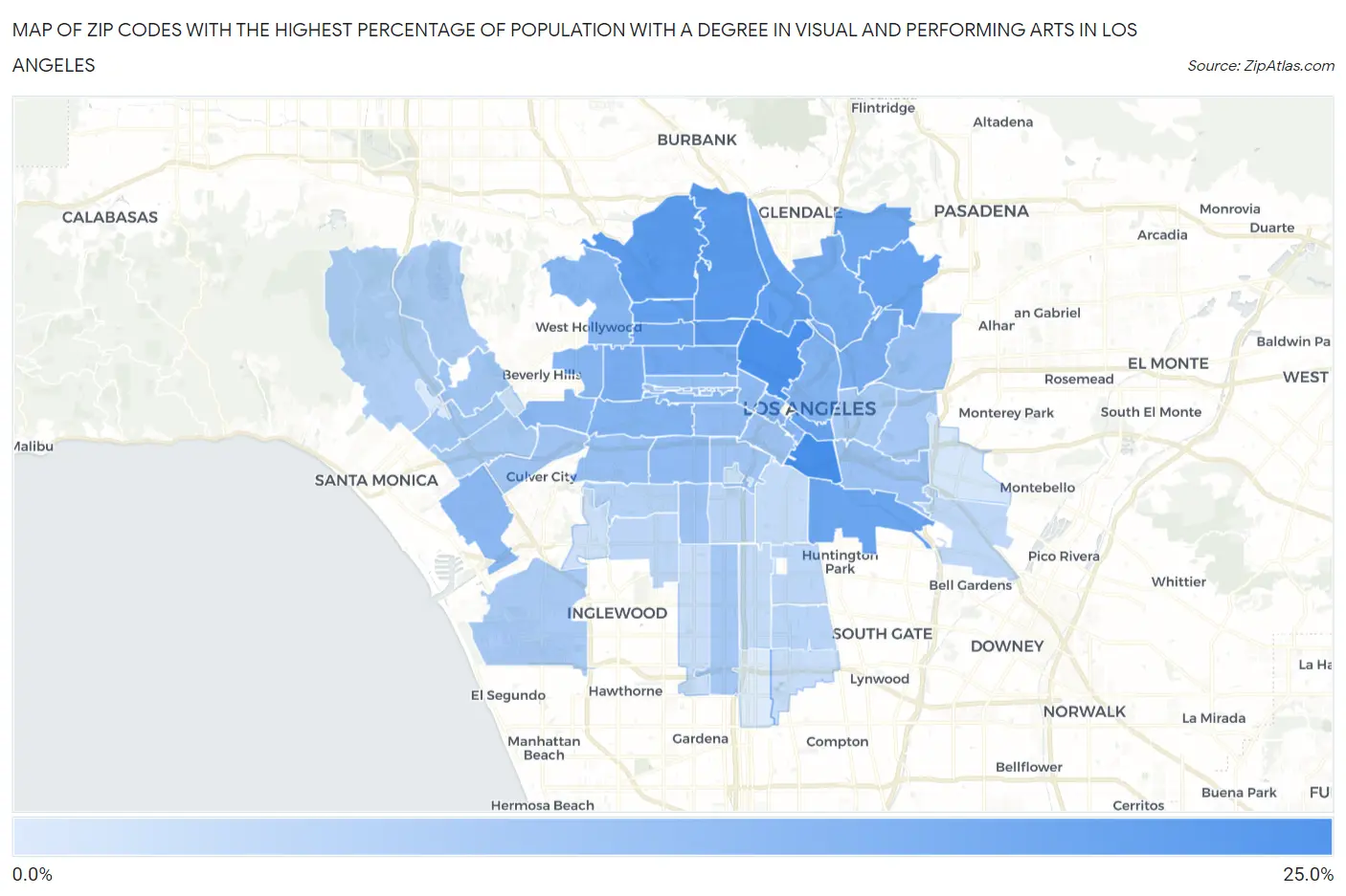 Zip Codes with the Highest Percentage of Population with a Degree in Visual and Performing Arts in Los Angeles Map