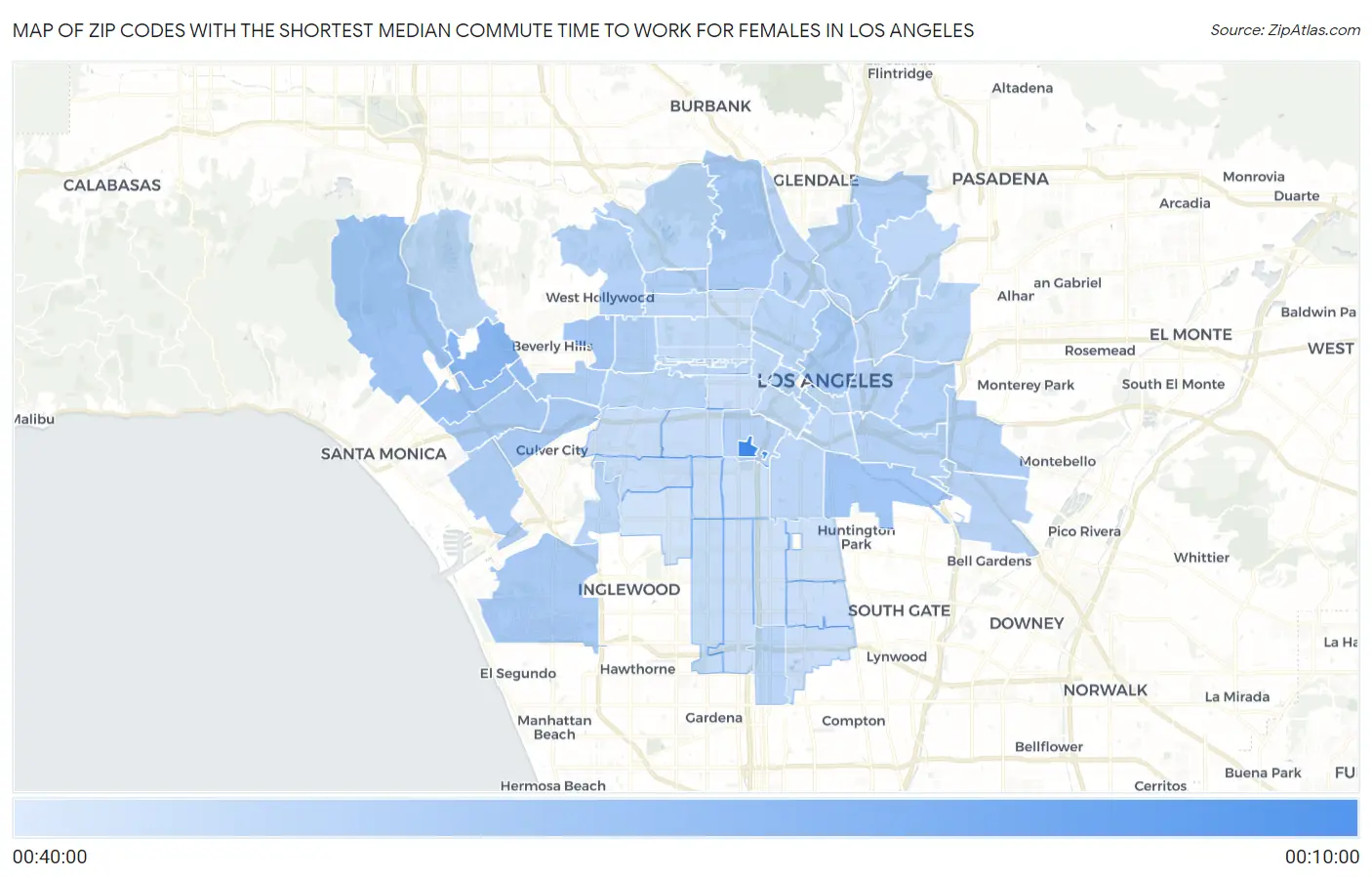 Zip Codes with the Shortest Median Commute Time to Work for Females in Los Angeles Map