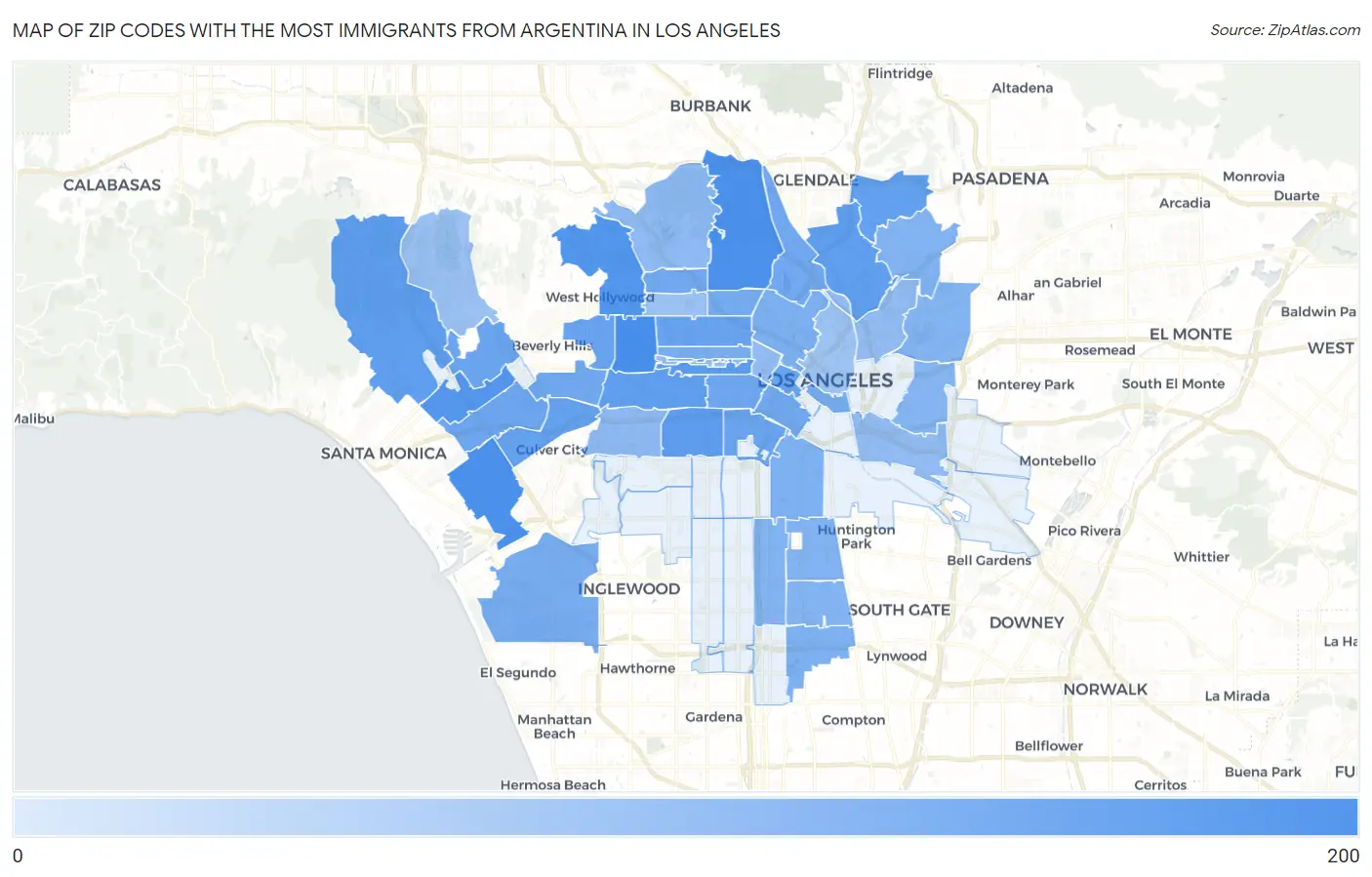 Zip Codes with the Most Immigrants from Argentina in Los Angeles Map