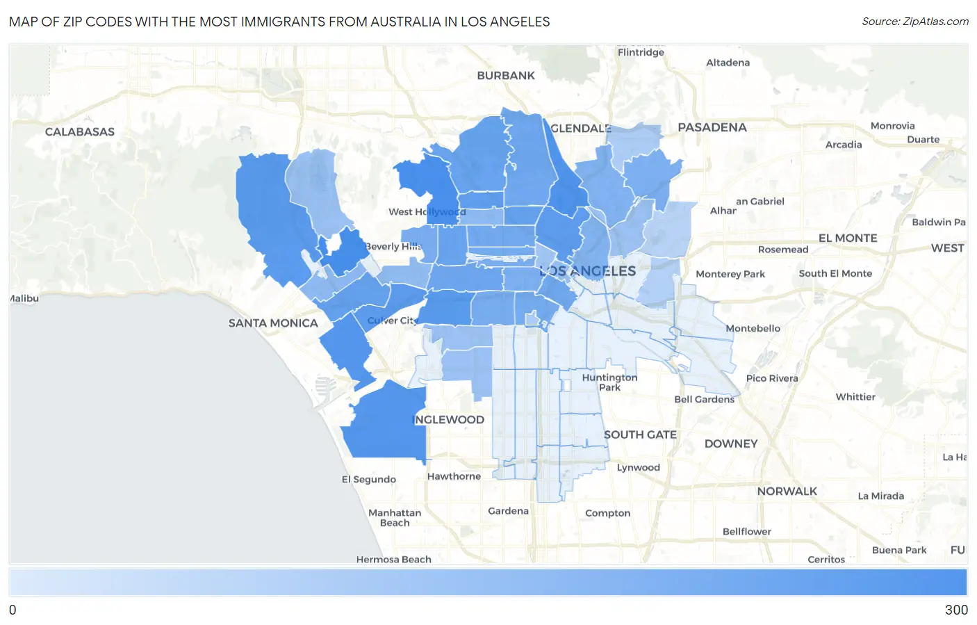 Zip Codes with the Most Immigrants from Australia in Los Angeles Map