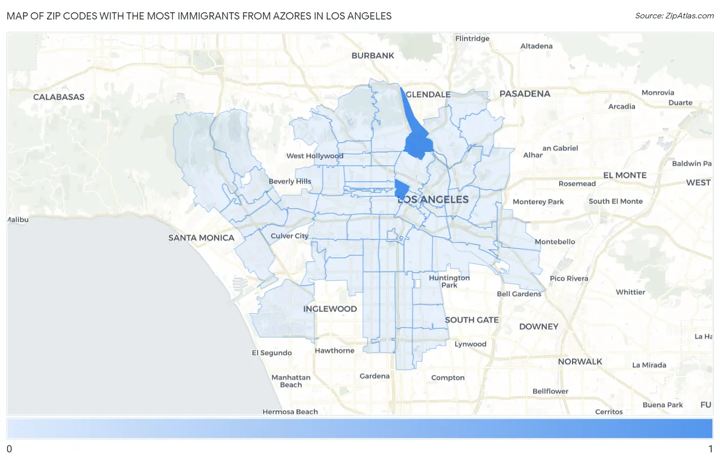Zip Codes with the Most Immigrants from Azores in Los Angeles Map