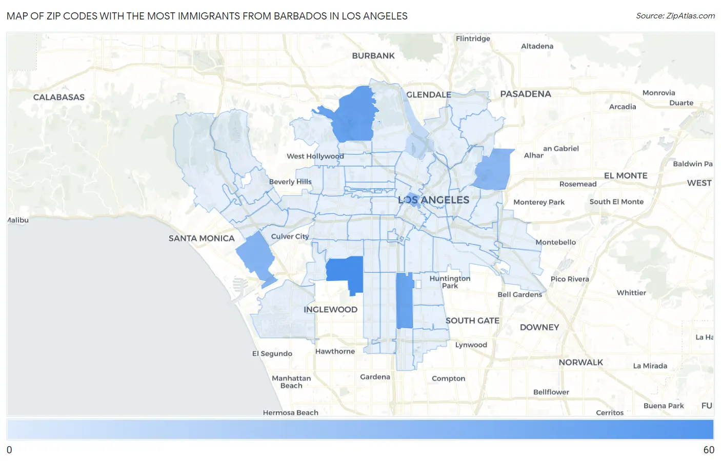 Zip Codes with the Most Immigrants from Barbados in Los Angeles Map