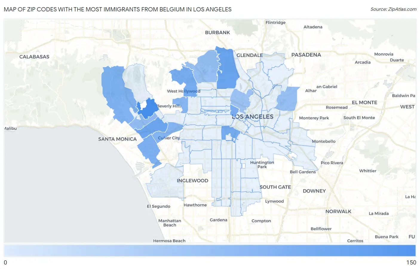 Zip Codes with the Most Immigrants from Belgium in Los Angeles Map