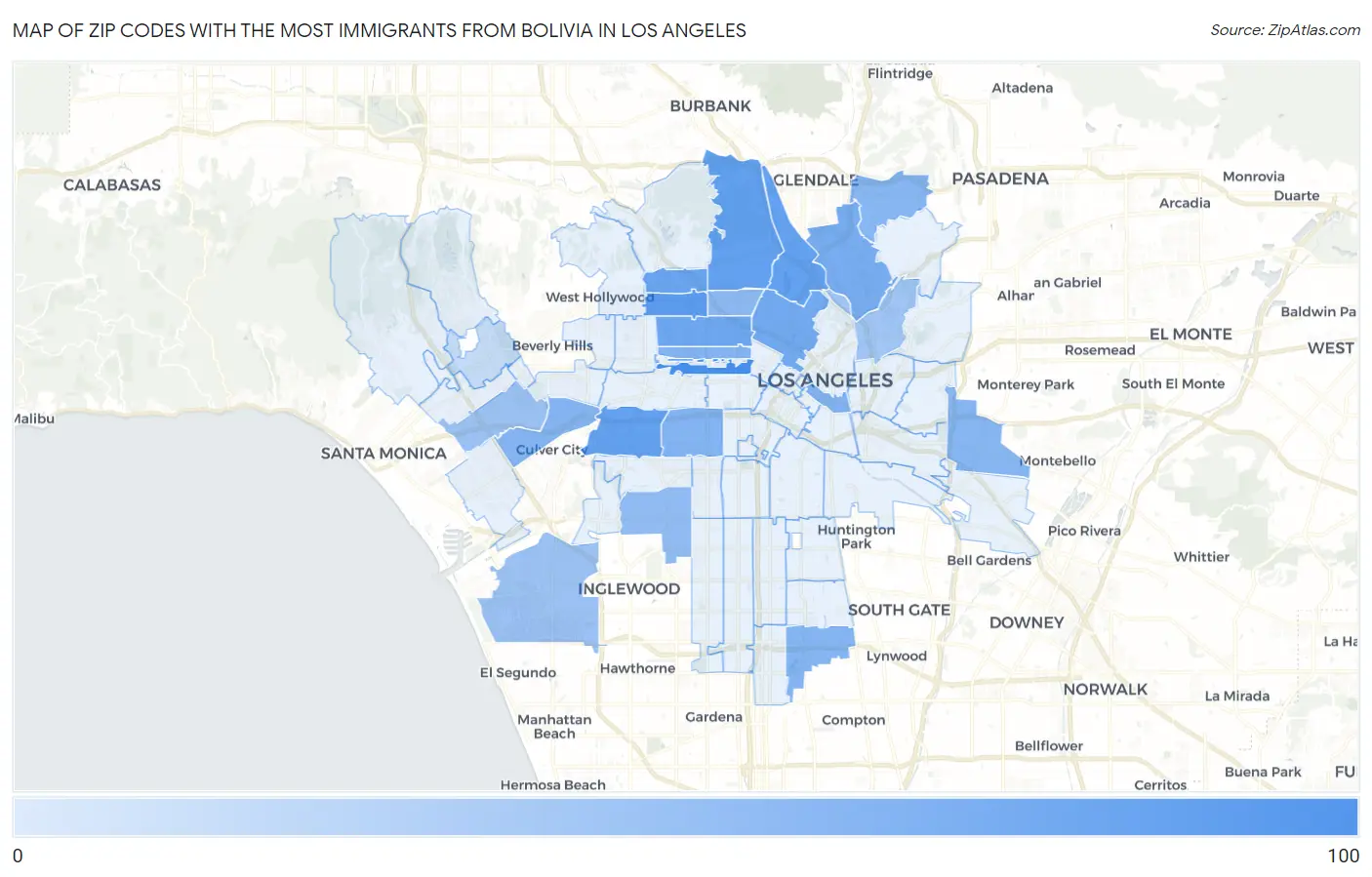 Zip Codes with the Most Immigrants from Bolivia in Los Angeles Map