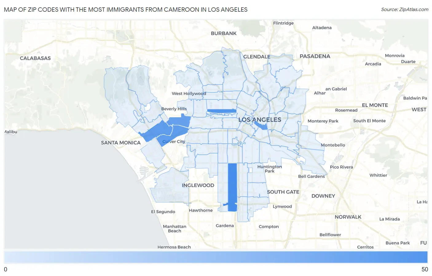 Zip Codes with the Most Immigrants from Cameroon in Los Angeles Map
