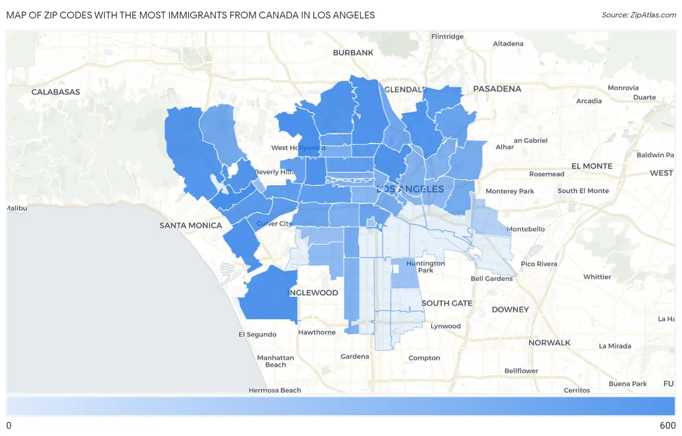 Zip Codes with the Most Immigrants from Canada in Los Angeles Map