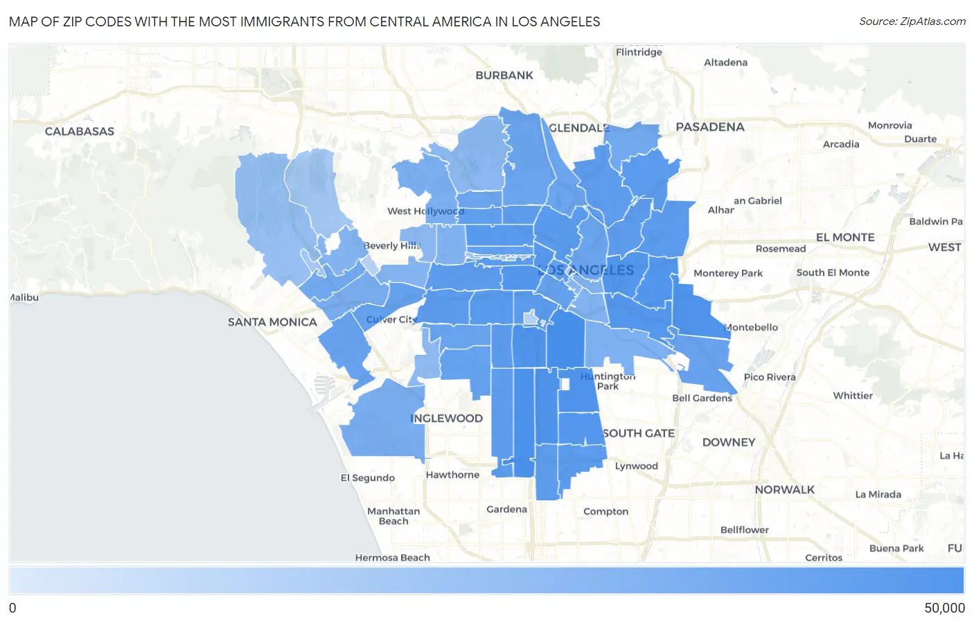 Zip Codes with the Most Immigrants from Central America in Los Angeles Map