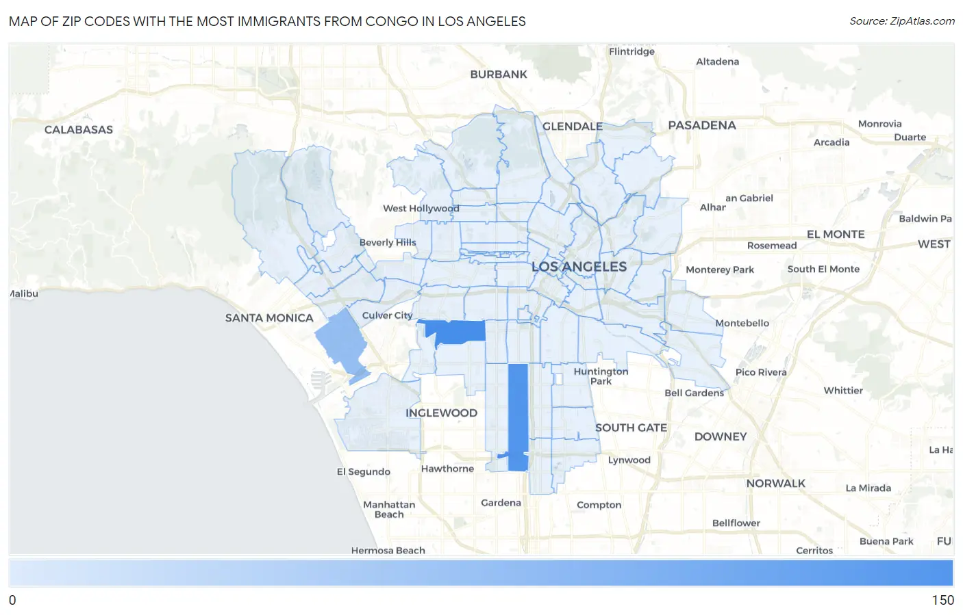 Zip Codes with the Most Immigrants from Congo in Los Angeles Map