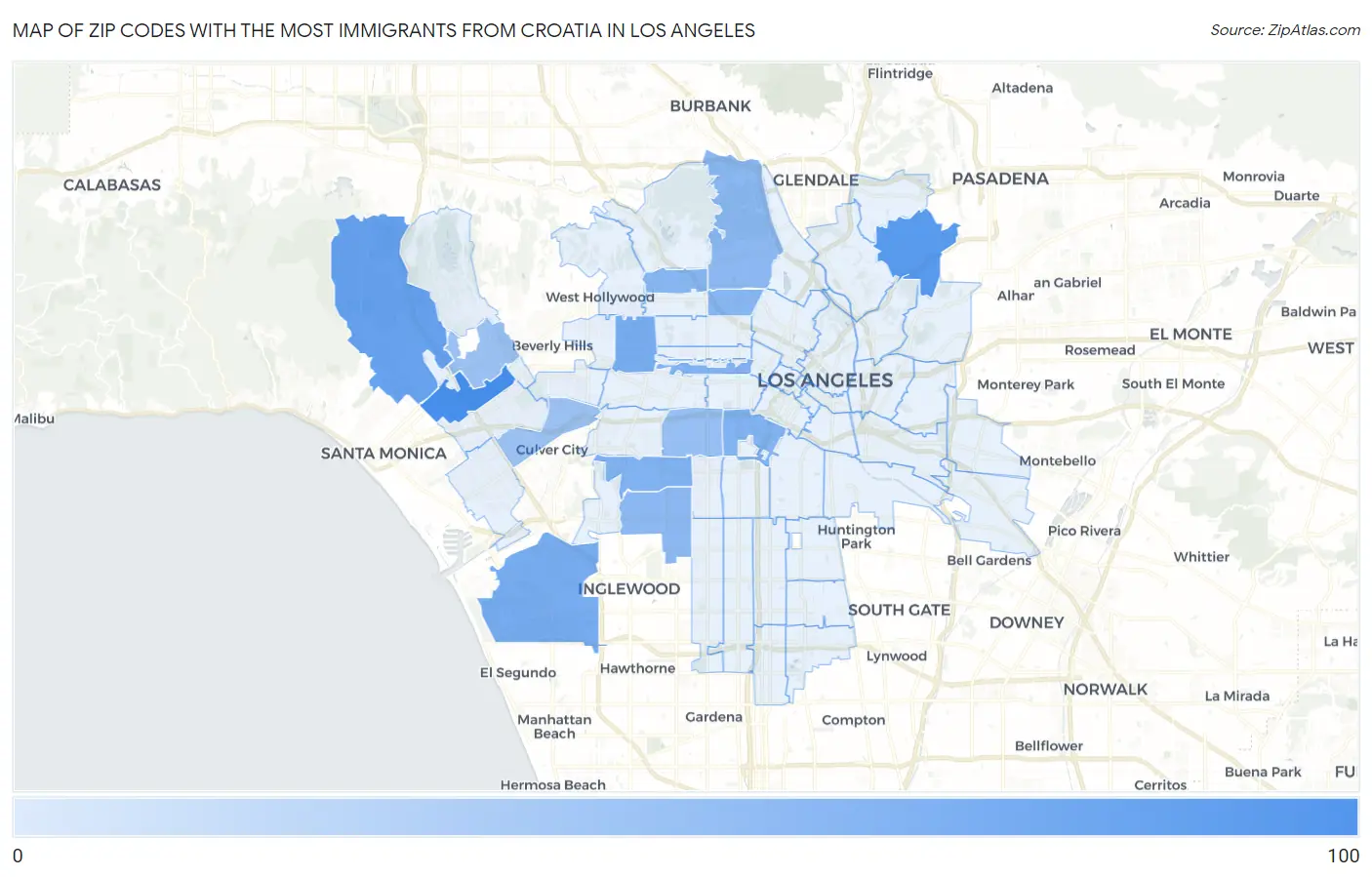 Zip Codes with the Most Immigrants from Croatia in Los Angeles Map