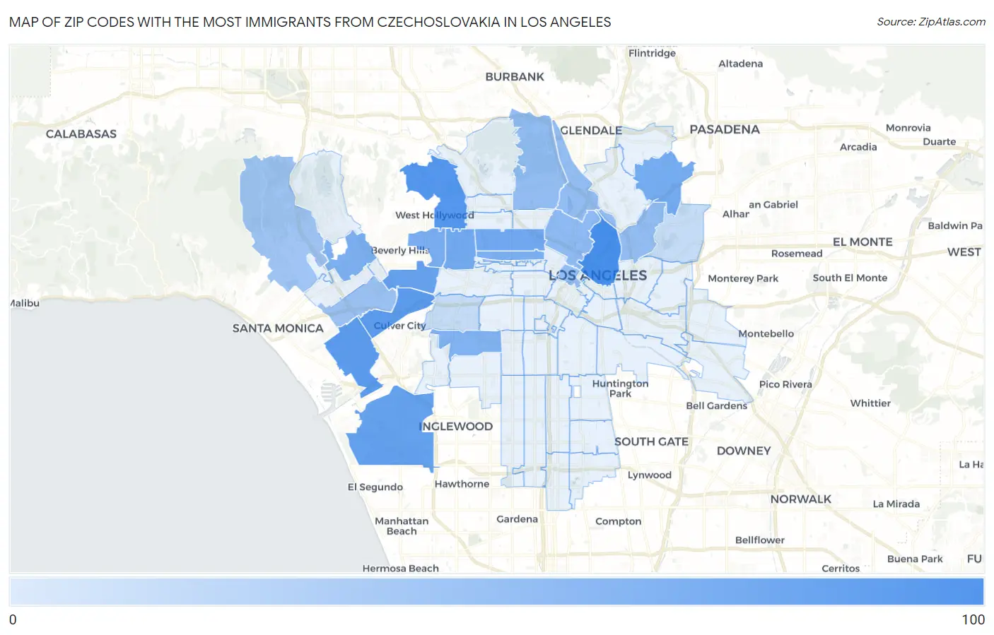 Zip Codes with the Most Immigrants from Czechoslovakia in Los Angeles Map