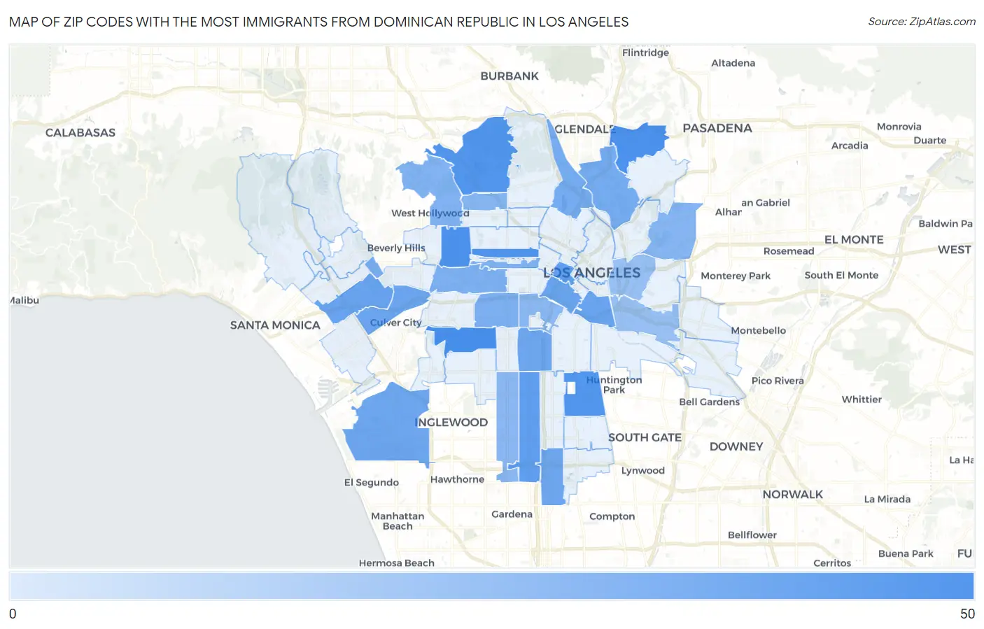 Zip Codes with the Most Immigrants from Dominican Republic in Los Angeles Map