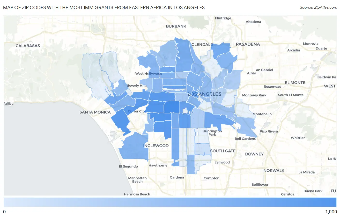 Zip Codes with the Most Immigrants from Eastern Africa in Los Angeles Map