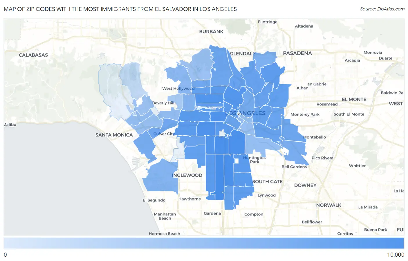 Zip Codes with the Most Immigrants from El Salvador in Los Angeles Map