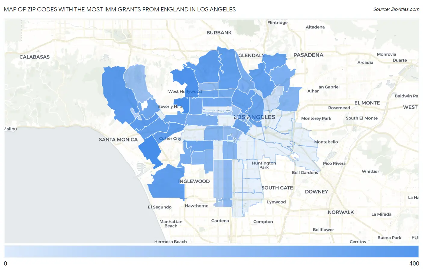 Zip Codes with the Most Immigrants from England in Los Angeles Map