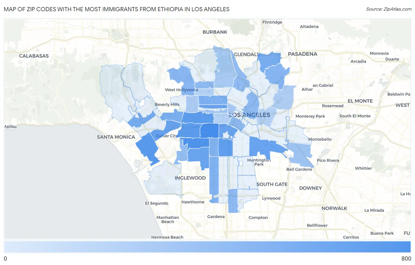 Zip Codes with the Most Immigrants from Ethiopia in Los Angeles Map