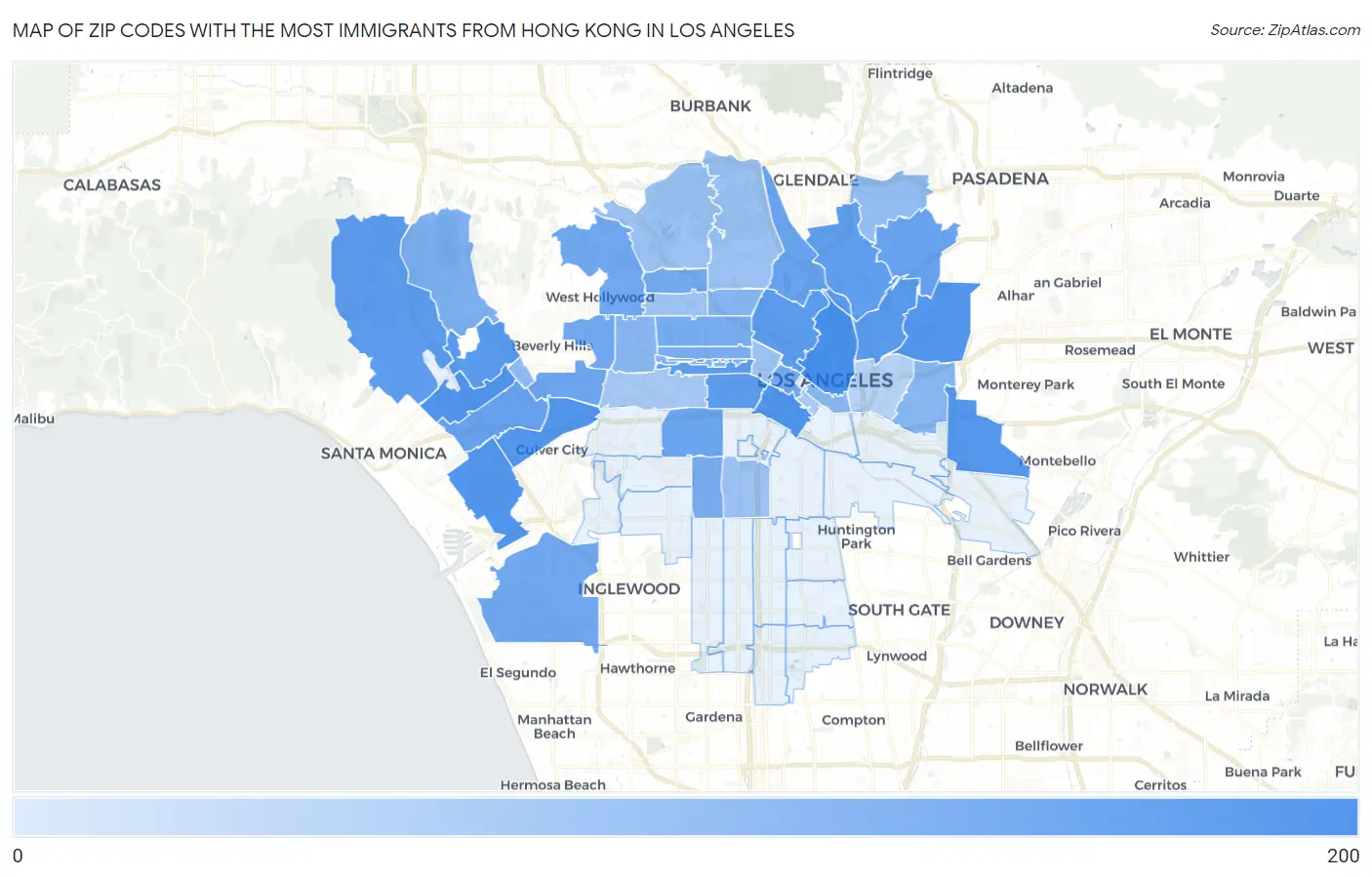 Zip Codes with the Most Immigrants from Hong Kong in Los Angeles Map