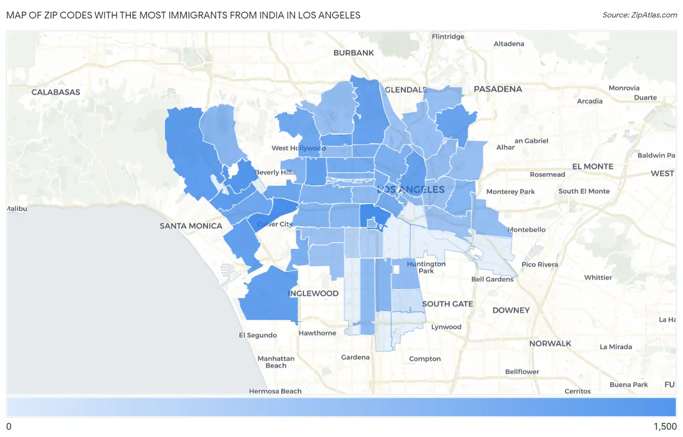 Zip Codes with the Most Immigrants from India in Los Angeles Map