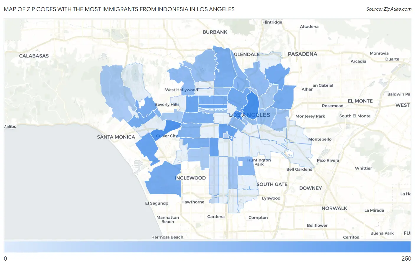 Zip Codes with the Most Immigrants from Indonesia in Los Angeles Map