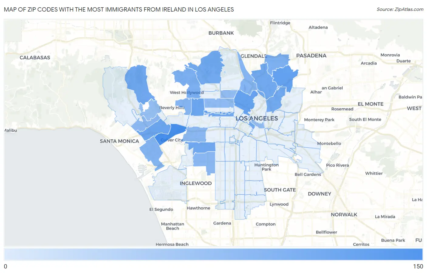 Zip Codes with the Most Immigrants from Ireland in Los Angeles Map
