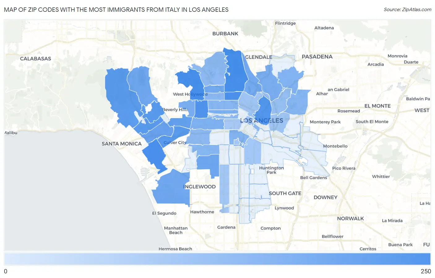 Zip Codes with the Most Immigrants from Italy in Los Angeles Map
