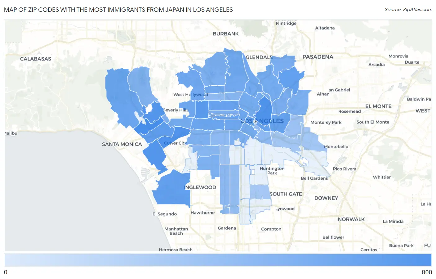 Zip Codes with the Most Immigrants from Japan in Los Angeles Map