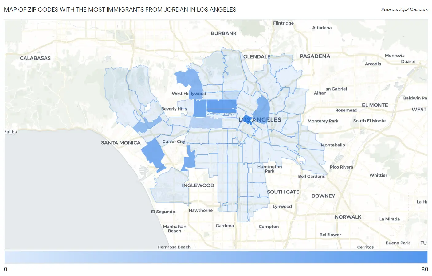 Zip Codes with the Most Immigrants from Jordan in Los Angeles Map