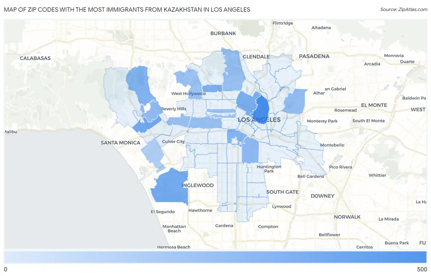 Zip Codes with the Most Immigrants from Kazakhstan in Los Angeles Map