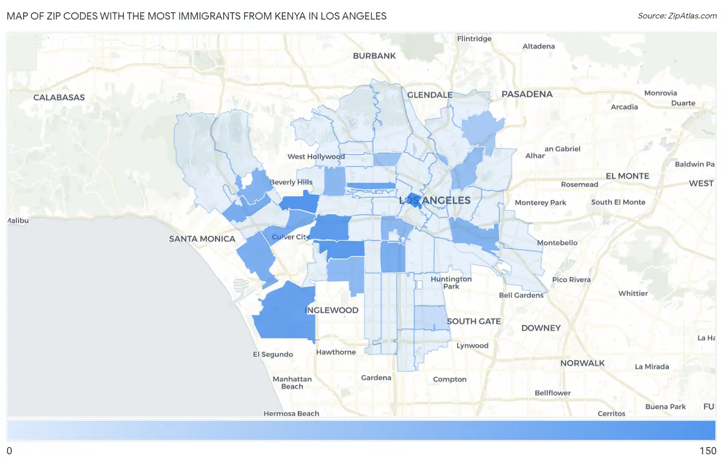 Zip Codes with the Most Immigrants from Kenya in Los Angeles Map