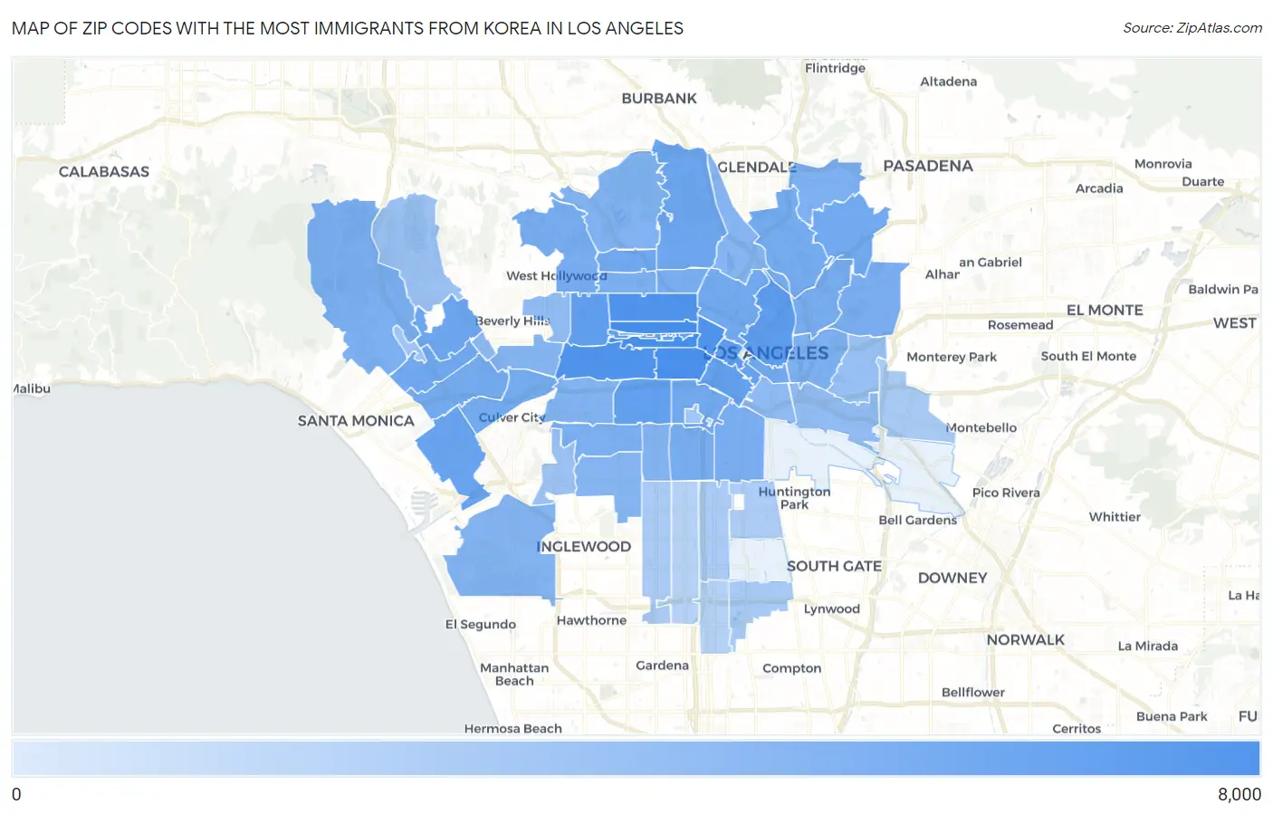 Zip Codes with the Most Immigrants from Korea in Los Angeles Map